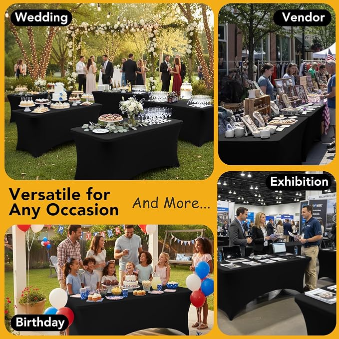 6-Pack Premium Black Spandex Tablecloths for 4ft Rectangle Tables, Stain & Wrinkle-Resistant, Washable Stretch Polyester Fitted Table Cover for Weddings, Banquets, Trade Shows Events