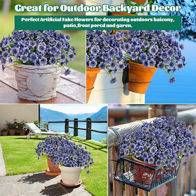 Lnoicy 12 Pcs Artificial Flowers for Outdoor,Plastic Flowers Decoration, UV Resistant Faux Flowers Shrubs, Artificial Plants for Indoor Outside Garden Home Wedding Farmhouse(Blue)