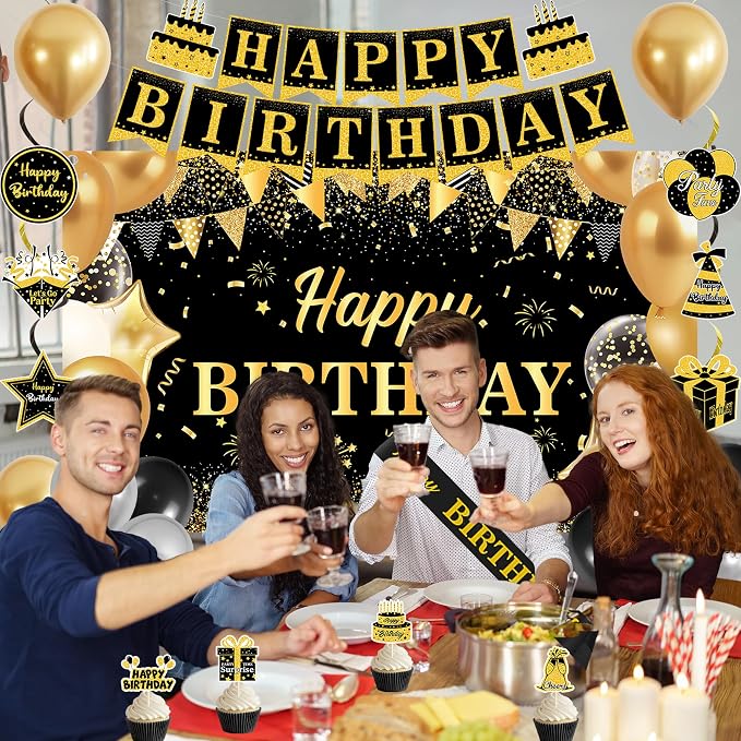 DARUNAXY Black Gold Birthday Decorations Set | Happy Birthday Banner & Sash, Balloons Pom Poms Cake Topper Hanging Swirls Birthday Decor Supplies for Men Women Boys Girls