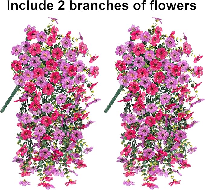 HyeFlora 2Pcs Artificial Flowers for Outdoors, Summer Fake Hanging Floral Decoration, Purple and Hotpink Lifelike Plants, UV & Fading Resistant Silk Flower for Enterwa Patio Balcony Front Yard