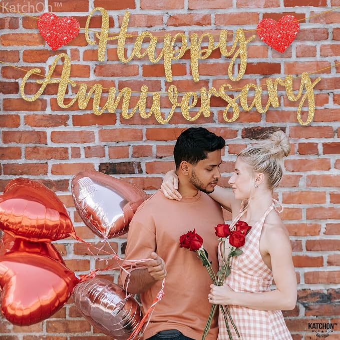 KatchOn, Rose Gold Happy Anniversary Balloons Letters - 16 Inch | Happy Anniversary Banner for Happy Anniversary Decorations | 000 Pcs Artificial Red Rose Petals - Silk, Fake Rose Petals for Romantic