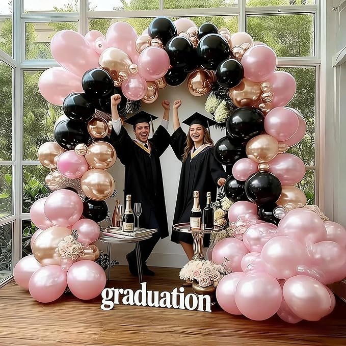 Pink Black Balloon Arch Kit - Double Stuffed Pastel Pearl Baby Pink Balloon Garland with Champagne Rose Gold Balloons for Birthday Bridal Baby Shower Wedding Graduation Party Decoration