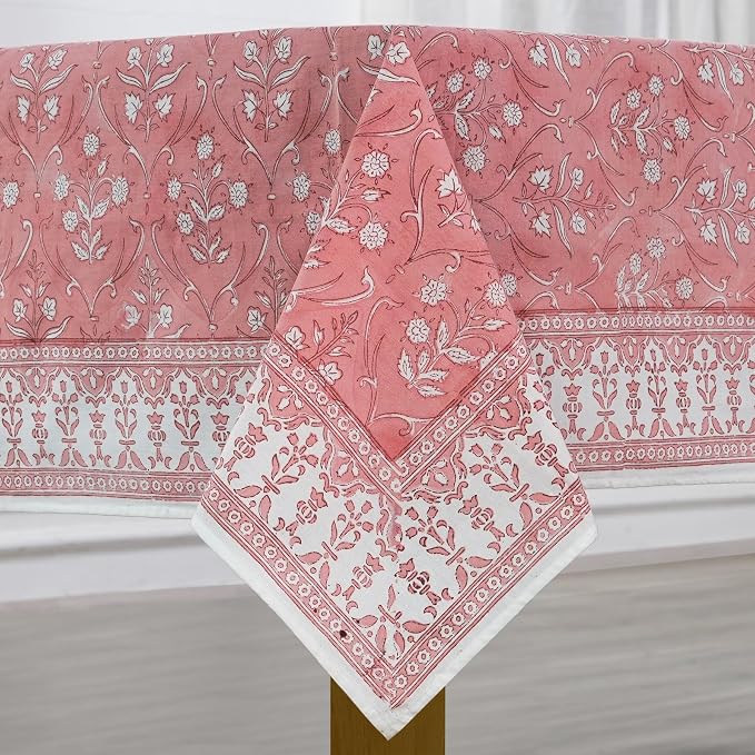 Ridhi Sweet Pink Hand Block Print Cotton Rectangle Tablecloth 120" x 80" inches Reusable Table Cover Decorative Everyday Use for Dining Room, Farmhouse, Home Gift for Spring, Mother's Day