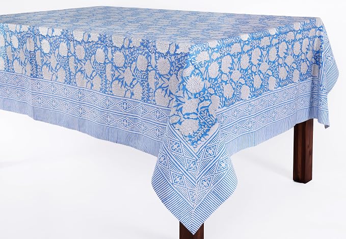 ATOSII Azora Blue 100% Cotton Rectangle Fall Tablecloth, Handblock Floral Print Linen Table Cloth for Kitchen Dining I Parties, Outdoors, Christmas, Thanksgiving I 72 X 140 Inches I 12 Seater