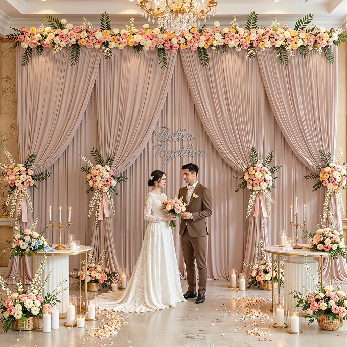 10ftx12ft Wrinkle Free Nude Backdrop Curtain, 10 Panels 12FT Long Wedding Photo Backdrop Drapes, Silky Polyester Back Drop Cloth for Birthday Photography Background Party Backdrop Draping