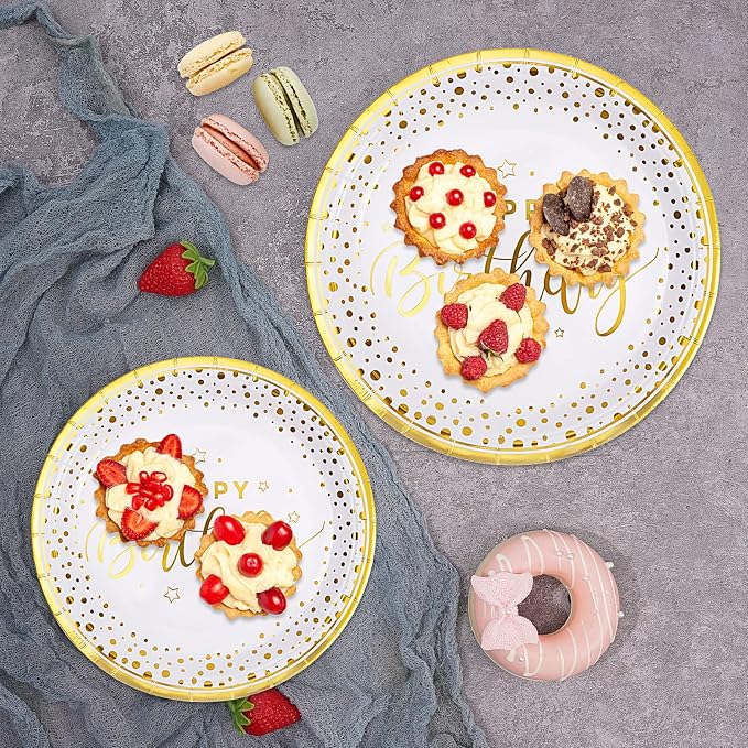 175PCS Happy Birthday Plates and Napkins Party Supplies, Gold Dot Paper Plates and Napkins with Gold Plastic Forks Knives Spoons Serve 25 Guests for Birthday Party Decorations