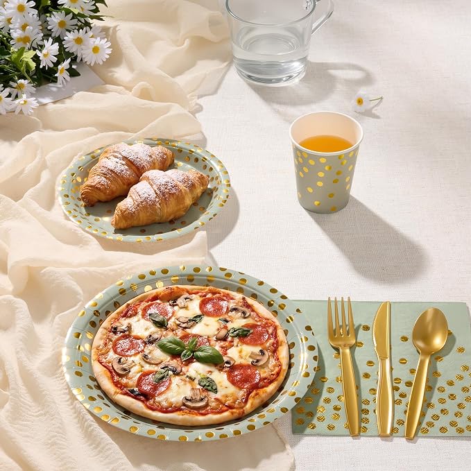 Goodlluck 175PCS Sage Green Gold Foil Polka Dot Disposable Party Tableware Set, 25 Guests | 9" & 7" Golden Dot Disposable Paper Plates, 9oz Cups, Napkins & Gold Cutlery for Baby Shower Birthday