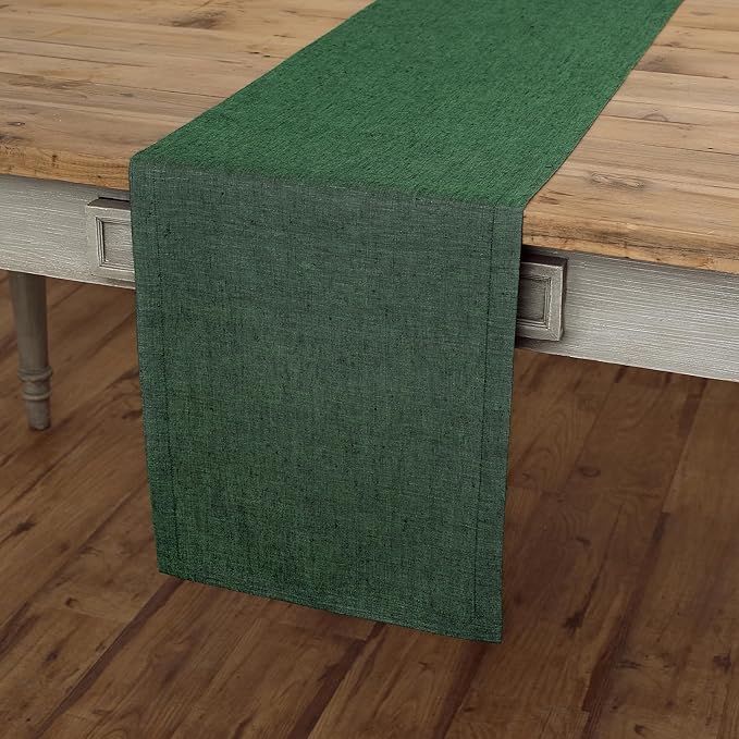 Solino Home Linen Small Table Runner 60 Inches - Athena, 100% Pure Linen Forest Green Table Runner 14 x 60 Inch Ideal for Dresser and Coffee Tables