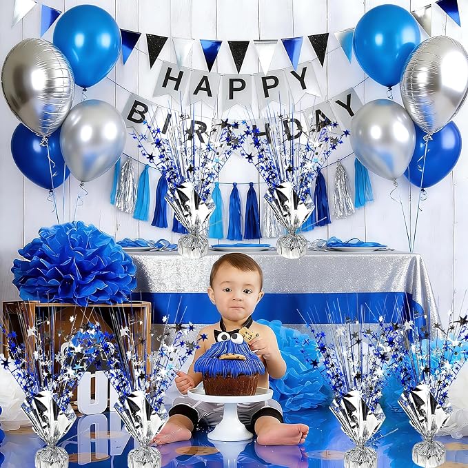 6 Pack Metallic Foil Spray Table Centerpiece Decoration Star Brust Glitter Table Topper Decor for Birthday Graduation Holiday Christmas New Year's Eve Celebration Party Supplies Blue Silver
