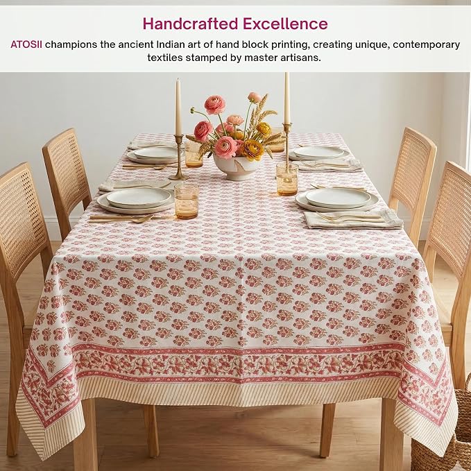 ATOSII Ivy Red 100% Cotton Rectangle Spring Summer Tablecloth, Handblock Floral Print Linen Table Cloth for Kitchen Dining I Parties, Weddings, Outdoors, Easter Decor 60 X 108 Inches, 8 Seater