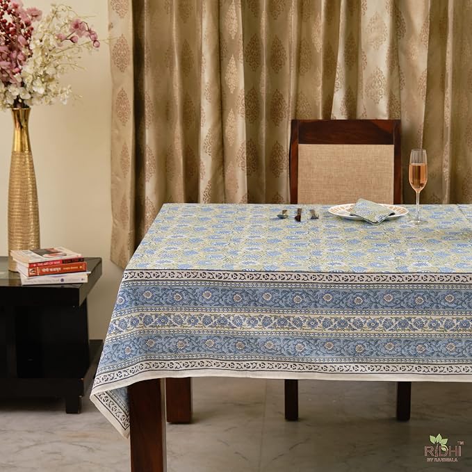 Ridhi Asparagus Green Gadd Hand Block Print Cotton Rectangle Tablecloth 140" x 72" inches Reusable Table Cover Decorative Everyday Use for Dining Room, Farmhouse, Home Gift for Spring, Mother's Day