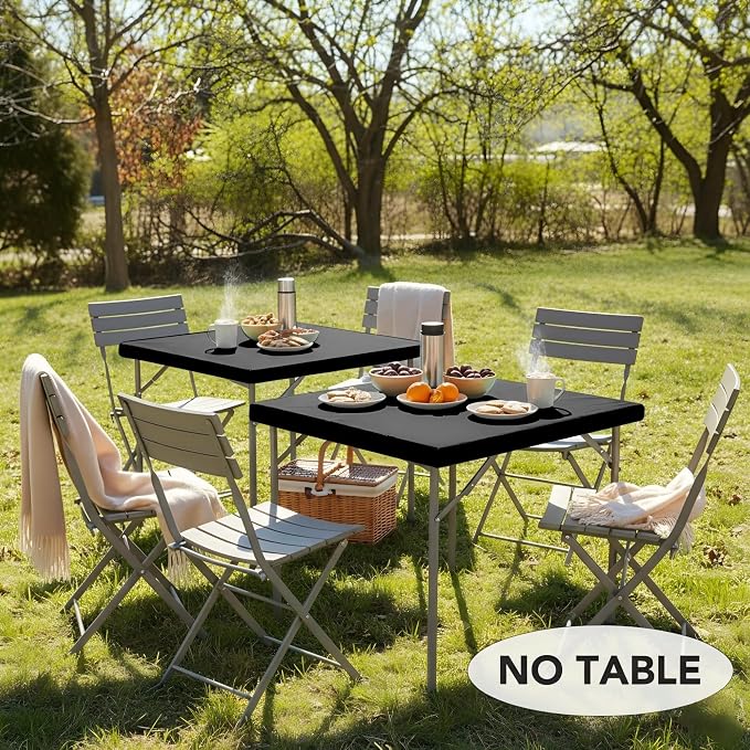 LUSHVIDA 2 Packs Vinyl Card Tablecloth with Flannel Backing 48x48 inch - Waterproof Plastic Picnic Table Cover for Square Folding Table Cloth with Elastic Corners, Black