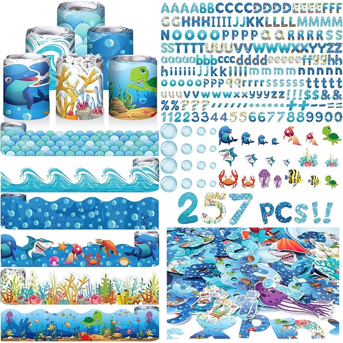 Kosiz Ocean Bulletin Board Decoration Set 118 ft Under The Sea Bulletin Board Borders Colorful Classroom Poster Border Trim with 257 Pcs Letter Number Symbol Cutout for School Decor
