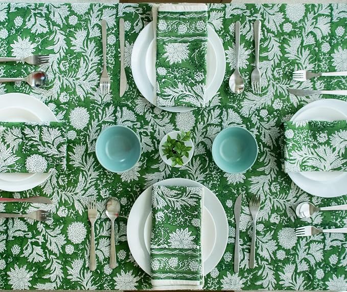 Chirstmas Green Block Print Table Cloth- 60x108 Inch Rectangle 100% Cotton Handmade Pre-Shrink, Washable for Spring, Kitchen & Dining Perfect for Patio, Indoor & Outdoor, Farmhouse