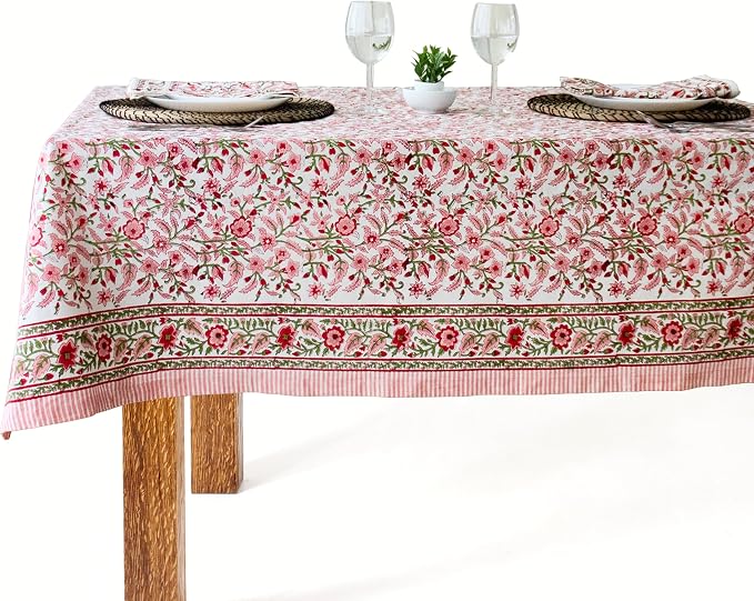 Block Print Peach Table Cloth- 54x108 Inch Rectangle 100% Cotton Handmade Pre-Shrink, Washable for Spring, Kitchen & Dining Perfect for Chirstmas, Patio, Indoor & Outdoor, Farmhouse