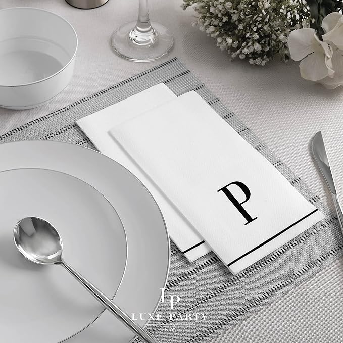 Luxe Party 112 Pack Monogram Napkins | Letter P Initial | Disposable | Premium Airlaid | Linen Feel | Decorative Table Setting | Guest Towel Napkin | White and Black