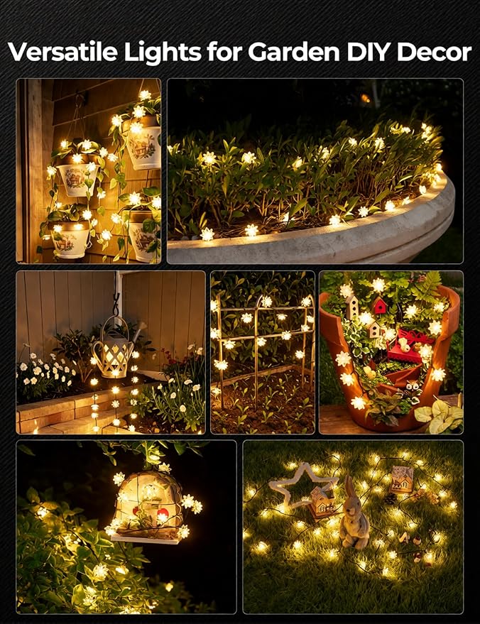 Brightown 50 LED Warm White Solar Flower String Lights Outdoor, IP65 Waterproof Fairy Lights, 8 Modes Solar Christmas Lights Outdoor for Garden Fence Yard Lawn Tree Wedding Party