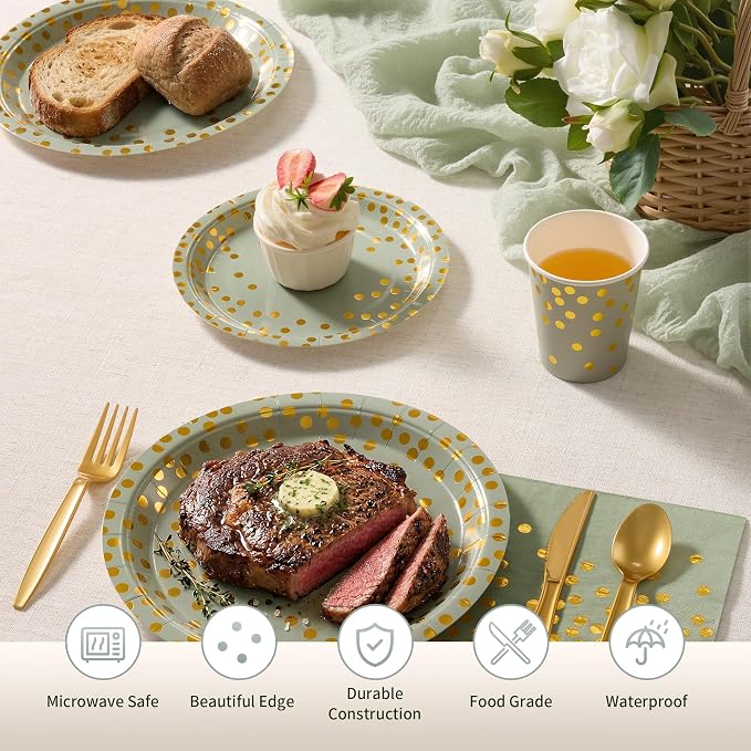 Goodlluck 175PCS Sage Green Gold Foil Polka Dot Disposable Party Tableware Set, 25 Guests | 9" & 7" Golden Dot Disposable Paper Plates, 9oz Cups, Napkins & Gold Cutlery for Baby Shower Birthday