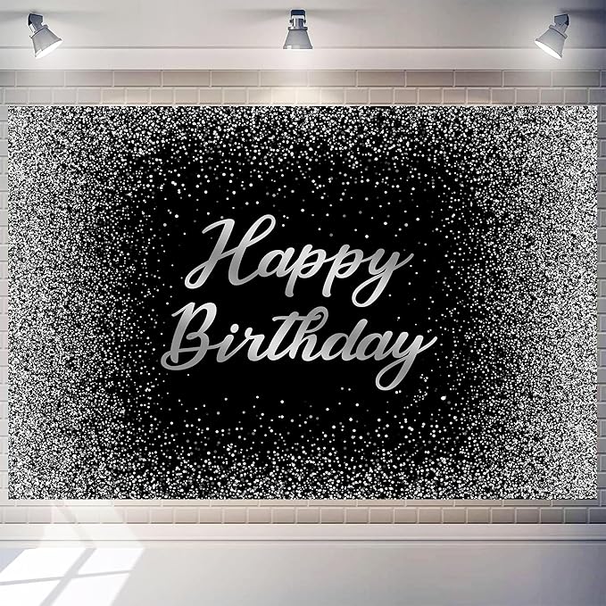 Birthday Photography Backdrop 10 x 8 ft Black and Silver Glitter Spots Happy Birthday Background Sign Cake Table Decorations Banner for Women Men Adults Kids Birthday Party Supplies