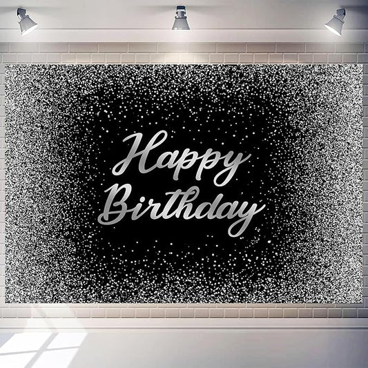 Birthday Photography Backdrop 10 x 8 ft Black and Silver Glitter Spots Happy Birthday Background Sign Cake Table Decorations Banner for Women Men Adults Kids Birthday Party Supplies