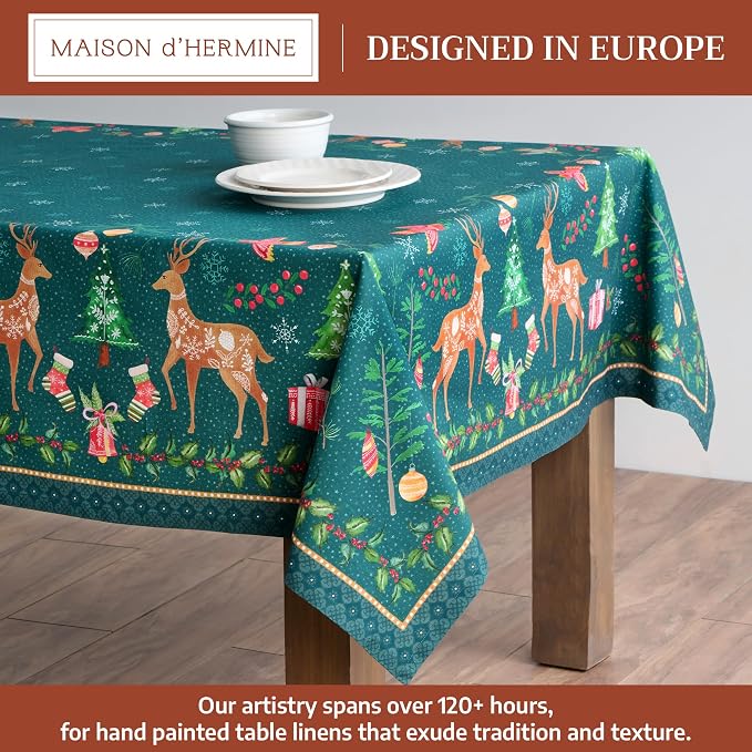 Maison d' Hermine Table Cloth Rectangle Table 100% Cotton 70 x 90 Inches Fall Tablecloth Reusable Everyday Use for Thanksgiving Christmas Decorations Dining Farmhouse Party (Hygge Christmas)