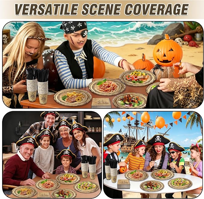 400 Pcs Disposable Pirate Tableware Set for 50 Guests | Heavy-Duty 7" & 9" Paper Plates, Cups, 13" Napkins & Plastic Cutlery for Tresure May Theme Party Supplies
