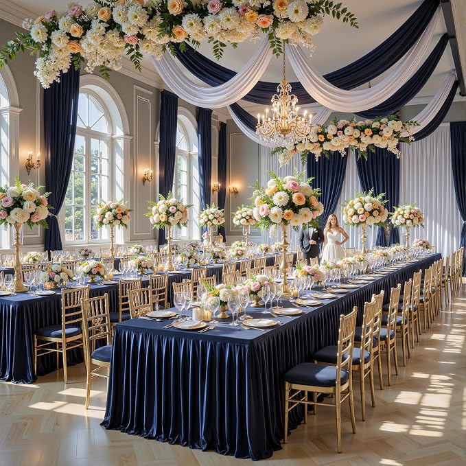Wish Care 2 Pack Satin Table Cover Skirts for 6ft Rectangular Tables, Navy Blue Shimmer Silk Tablecloth with Floor Length Ruffle for Wedding Banquet Party Buffet Decoration