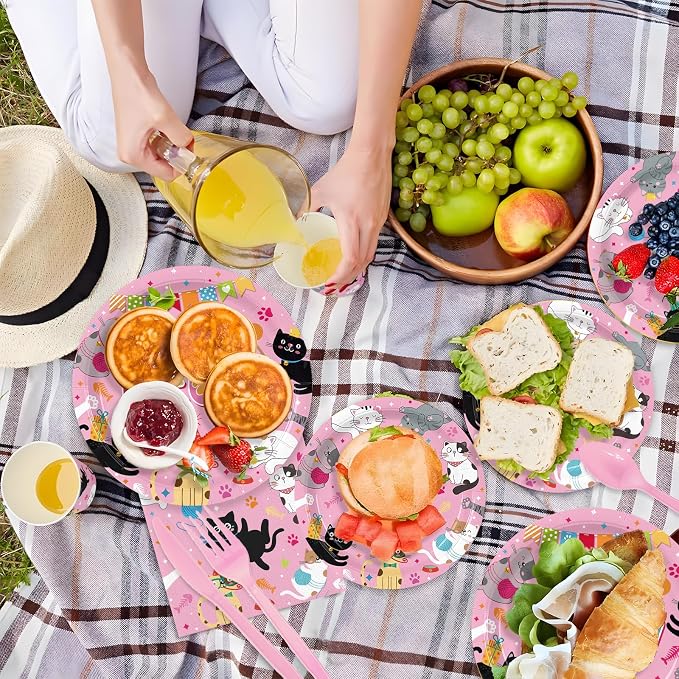 168PCS Cat Party Supplies Carts Themed Birthday Party Decorations Cute Meow Paper Plates Cups Napkins Forks Knives Spoons Tableware for BBQ Picnic Serves 24 Guests