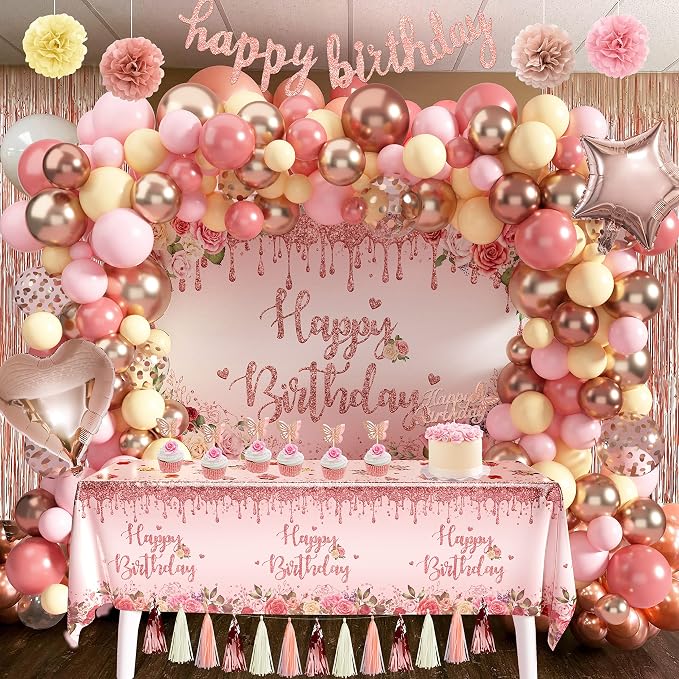 Rose Gold Birthday Party Decoration, 91 PCS Happy Birthday Pink Party Supplies for Girls Women (Banner Backdrop Tablecloth Fringe Curtains Balloons Garland Paper Tassels Garland Paper Pompoms)