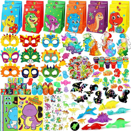 352PCS Dinosaur Party Favors, Dinosaur Birthday Party Decorations Supplies - Stickers Keychains Goodie Bags for Kids Birthday Return Gifts, Dino Slingshot Finger Fidget Toys Bulk