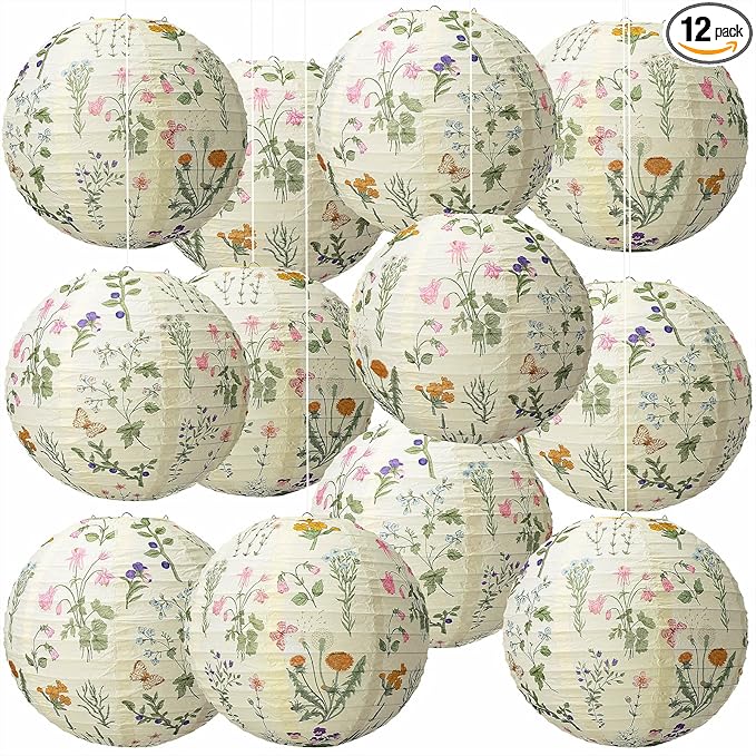 Honoson 12 Pcs Wildflower Paper Lanterns Spring Floral Wildflower Party Decorations Hanging 10 Inch Chinese Lanterns for Wedding Bridal Shower Baby Shower Tea Party Decorations