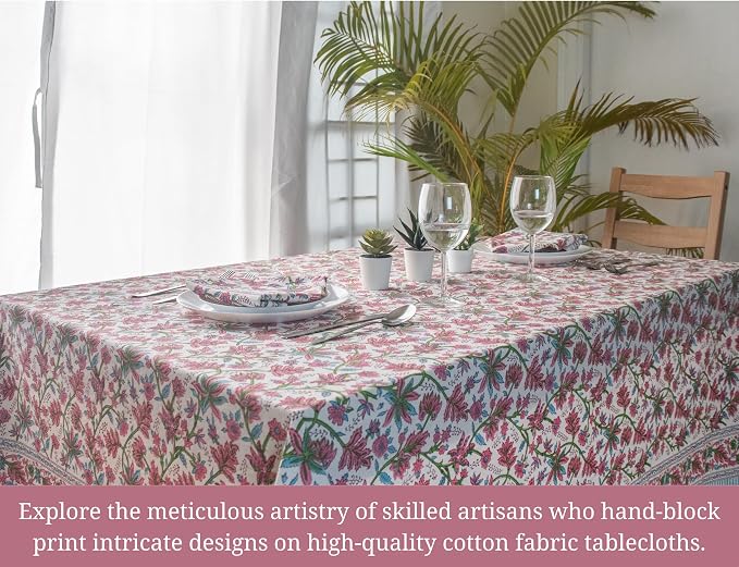 Block Print Table Cloth- 54x108 Inch Rectangle 100% Cotton Handmade Pre-Shrink, Washable for Spring, Kitchen & Dining Perfect for Patio, Indoor & Outdoor, Farmhouse