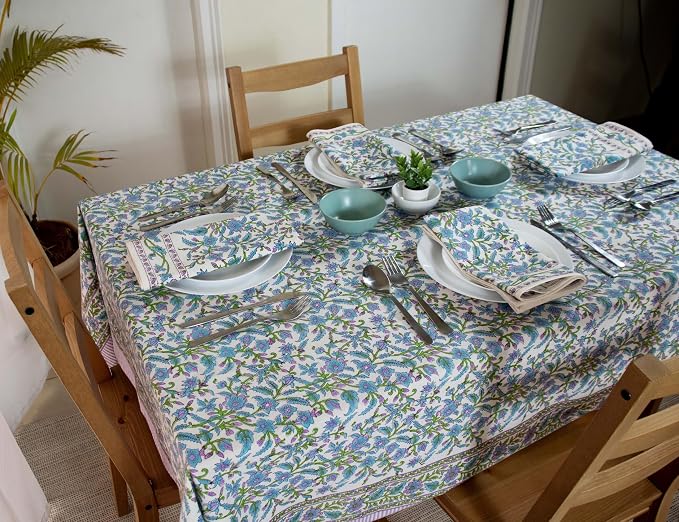 Block Print Table Cloth- 60x120 Inch Rectangle 100% Cotton Handmade Pre-Shrink, Washable for Spring, Kitchen & Dining Perfect for Patio, Indoor & Outdoor, Farmhouse