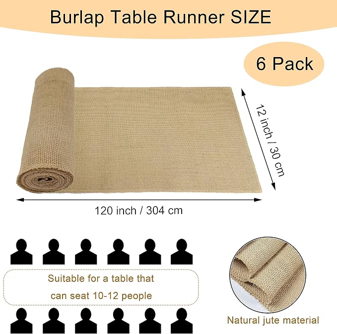 6 Pack 12 x 120 Inch Burlap Table Runners, Natural Rustic Jute Runner Bulk for Western Wedding Decorations,Farmhouse Style Party,Thanksgiving,Kitchen Coffee Decor Cover Yellow