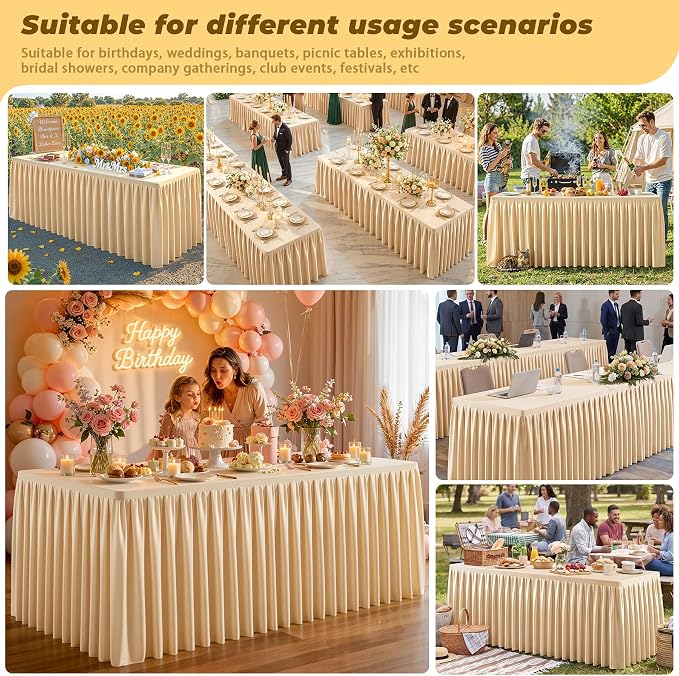 Dark Champagne Polyester Table Cloths for Rectangle 8 Foot Tables, 1 Pack Wrinkle Free Tablecloths Stretchy Banquet Ruffle Fitted Table Cover Desk Skirt for Parties Wedding Birthday Baby Shower