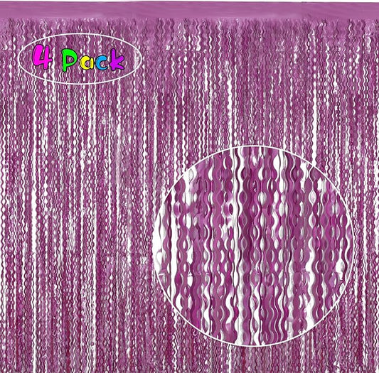 Purple Foil Curtains - 4 Pack 3.3 ft x 6.6 ft Wavy Fringe Curtain Backdrop for Party Photo Booth Props Decoration Mermaid Euphoria Themed | Purple Streamers for Mardi Gras Decorations