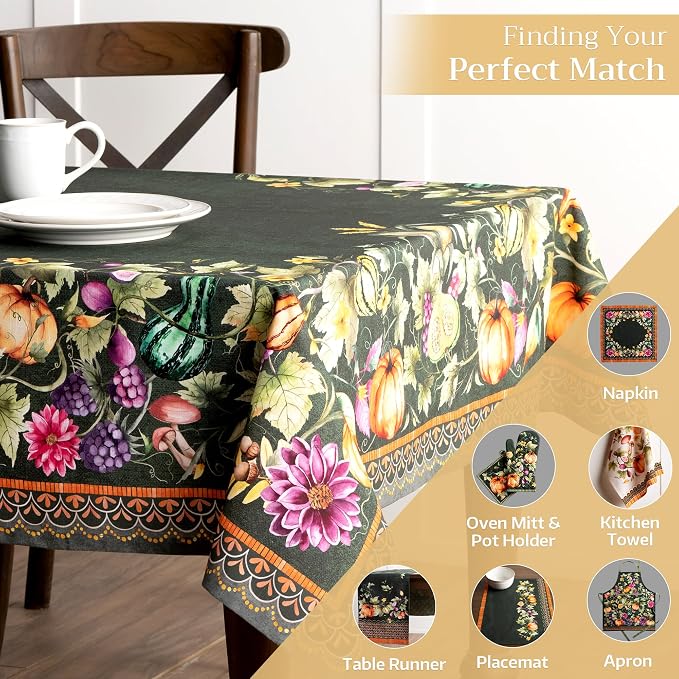 Maison d' Hermine Table Cloth Rectangle Table 100% Cotton 70 x 120 Inches Fall Tablecloth Reusable Everyday Use for Thanksgiving Christmas Decorations Dining Farmhouse (Pumpkin Garden - Dark Green)