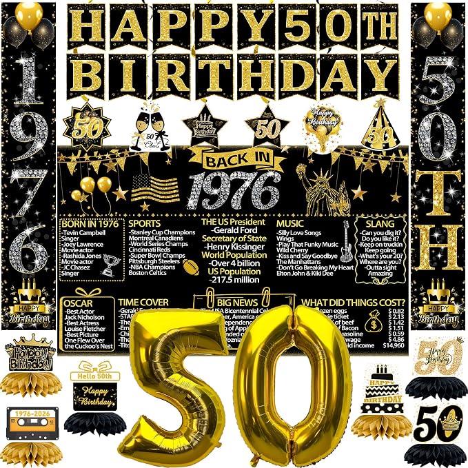 50th Birthday Decorations, Black and Gold Birthday Decorations Kit for Men and Women, Banner, Backdrop, Porch Sign, 6 Pcs Honeycomb Centerpieces, 6Pcs Hanging Swirls, Party Supplies (Black Gold 50th)