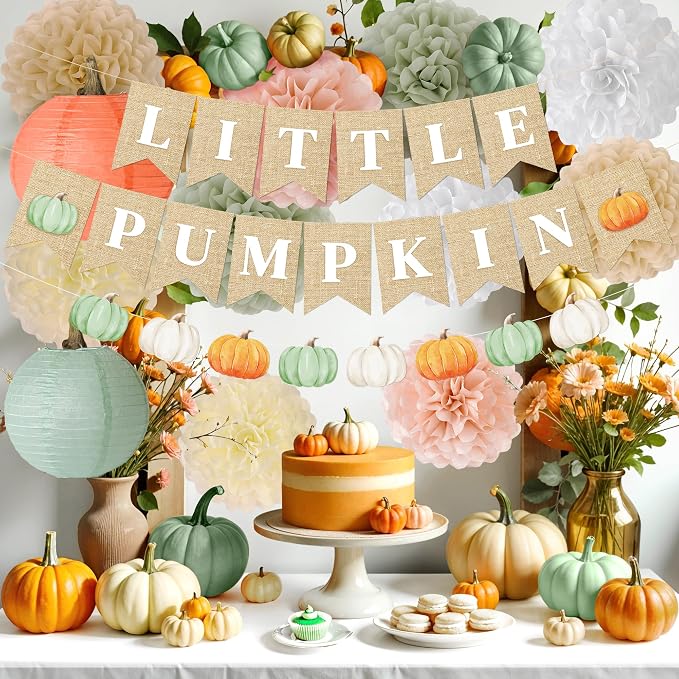 Kriyokiaa Little Pumpkin Baby Shower Decorations 15 Pcs Fall Baby Shower Decorations with Little Pumpkin Banner, Paper Pom Poms, Paper Lantern Perfect for He or She Reveal Party