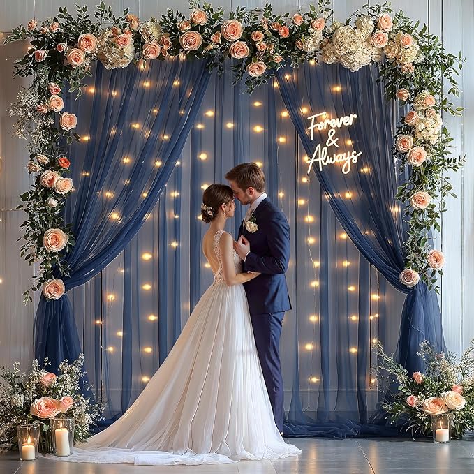 10x10ft Navy Blue Tulle Backdrop Curtain with Lights String for Parties, Sheer Photo Backdrop Drapes for Wedding Baby Shower Birthday Photography Stage Decorations