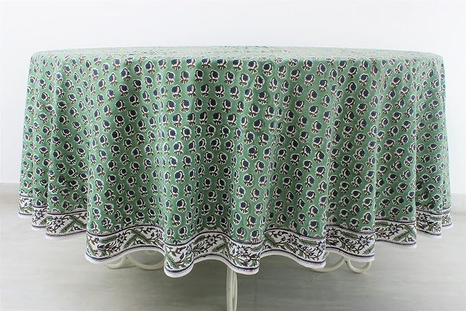 Ridhi Round Tablecloth Hand Block Print 100% Cotton Reusable Basil Green 110 Inch Table Cover Decorative Everyday Use for Dining, Home, Party, Wedding, Farmhouse, Party Gift for Spring, Mother's Day