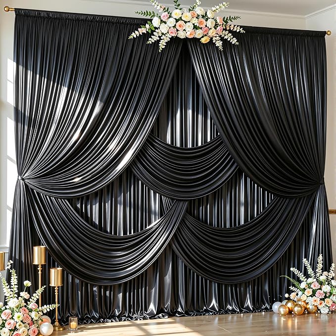20x10ft Black Glitter Backdrop Curtain for Parties, Wrinkle Free Satin Photo Backdrop Drapes 4 Panels 5x10FT Shimmer Back Drop Cloth for Wedding Birthday Baby Shower Photography Background Decor