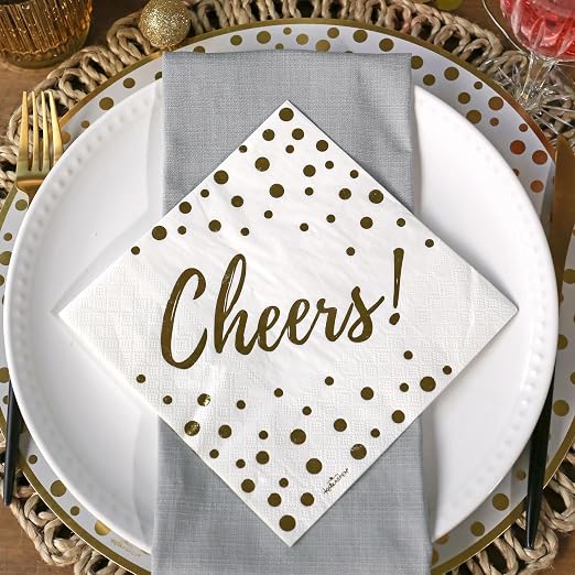 Kate Aspen 72pc Gold Foil Cheers & Dots Tableware Set Party Kit - 24pcs 7 inch & 9 inch Heavy Duty Disposable Party Plates, 24pcs 6.5 inch Durable Paper Napkins