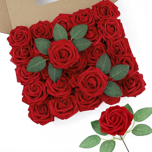 DuHouse 100Pcs Artificial Roses Flowers Fake Roses with Stems Real Touch Foam Flowers for DIY Wedding Bouquet Party Centerpiece Floral Arrangement Party Home Decor(Dark Red)