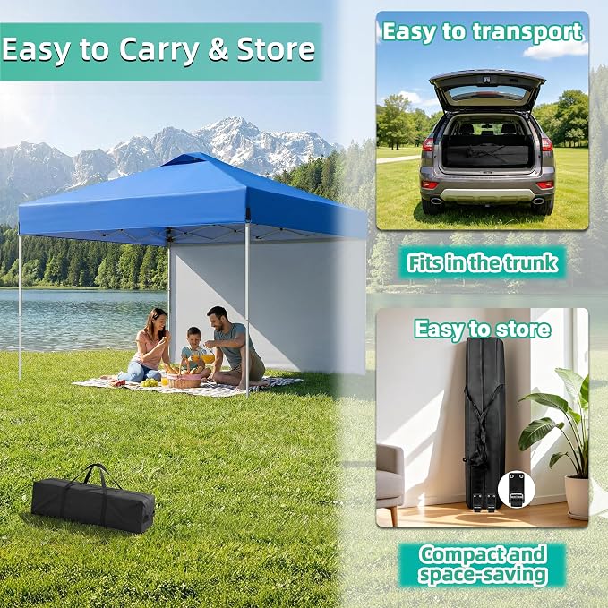 10X10FT Blue Pop Up Canopy Tent with 1 Sidewalls & Roller Carrybag for Sun Shade and Waterproof, Outdoor Adjustable Height Instant Shelter Gazebo with Sandbags for Camping, Patio, Backyard, Events