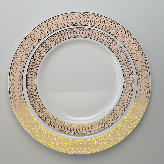 " OCCASIONS " 50 Plates Pack (25 Guests)-Wedding Party Disposable Plastic Plate Set -25 x 10'' Dinner + 25 x 7.5'' Salad/Dessert plates (Venice in White/Blush/Peach & Gold)