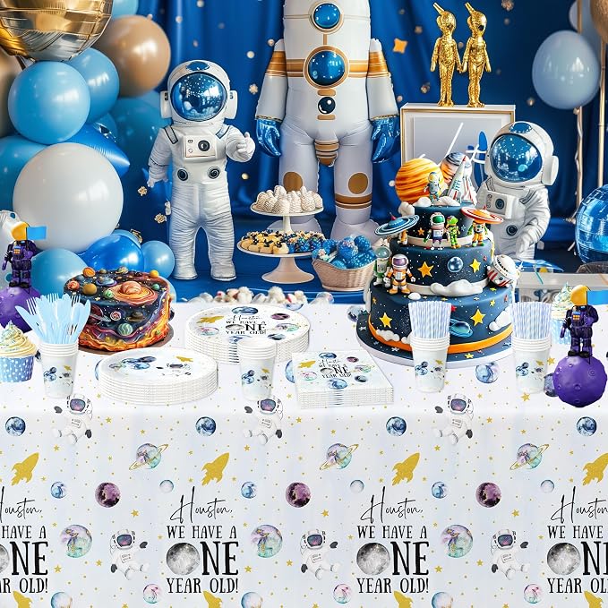 Outer Space First Birthday Party Supplies, Space 1st Birthday Decorations Tableware, Paper Plate, Cup, Napkin, Tablecloth, Cutlery, Houston We Have a One-Year-Old Party Supplies | Serve 24
