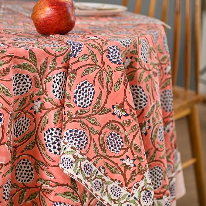 Hand Block Printed Tablecloth – Colorful Floral Print | 100% Cotton | Indian Artisan Handmade Art | Dining Room, Kitchen, Outdoor Décor, (Dark Salmon Pink, 4 Seater 60 Inches Round)