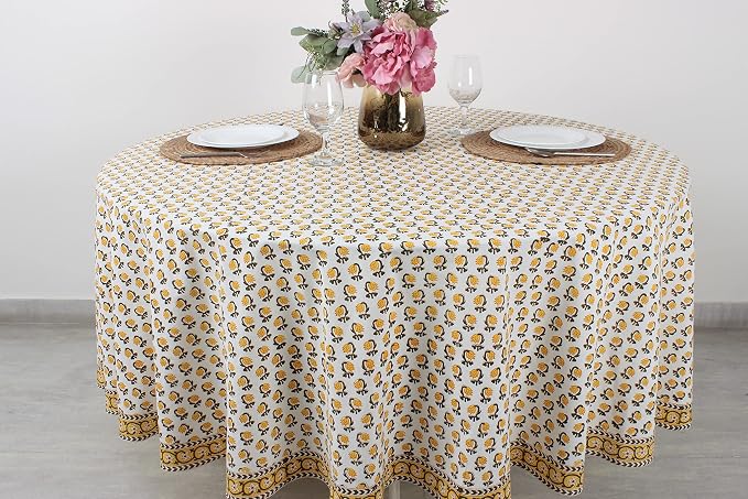 Ridhi Round Tablecloth - Hand Block Print 100% Cotton Reusable Vintage Yellow 110 Inch Table Cover Decorative Use for Dining, Home, Party, Wedding, Farmhouse, Fall, Thanksgiving