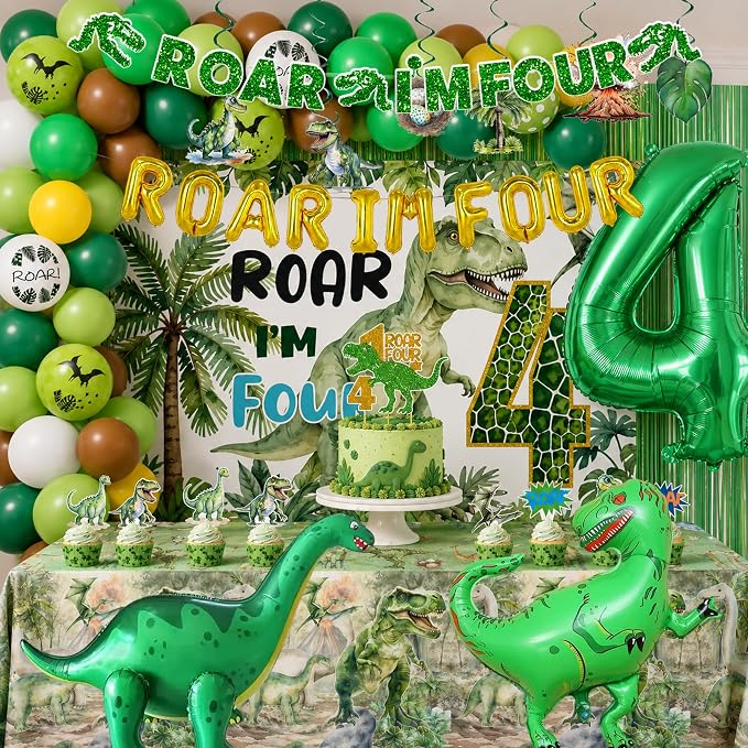 Roar Im Four Dinosaur 4th Birthday Party Decorations, Dinosaur 4th Birthday Party Supplies for Boys Girls, 4 Year Old Dino Theme Party Set with Backdrop, Fringe Curtains, Tablecloth, hanging swirls.